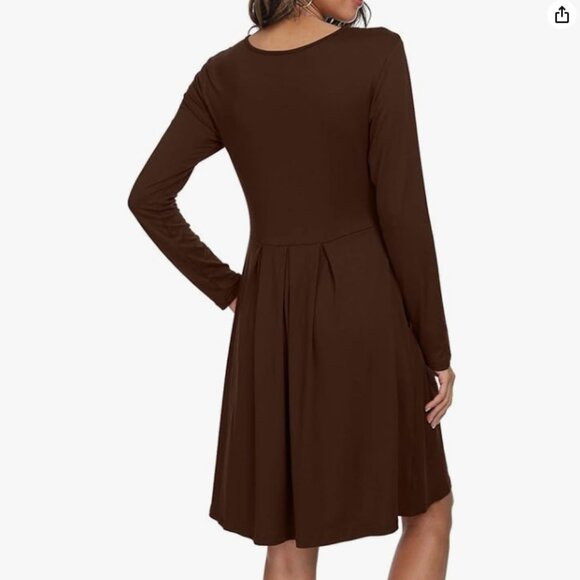 ✨PETITE Casual Pleated Swing Dress with Pockets – Long Sleeve Tunic, Solid Color - Picture 5 of 6